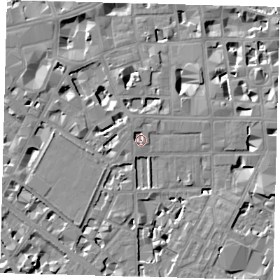Shaded relief map of the ground around SW1P4BX, computed from Environment Agency LiDAR. The ground here sits at about 3 m above sea level and falls 8 m across the surrounding 800 m. Surface water reaching this point runs off ground lying to the north-north-west, 2.4 m higher.