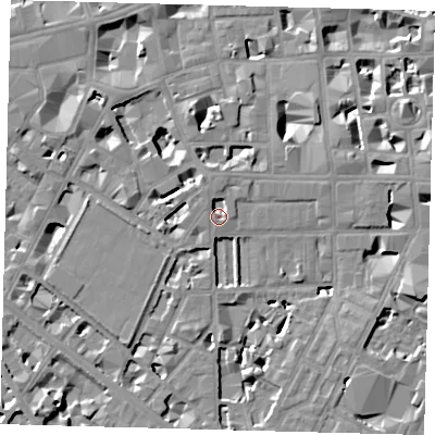 Shaded relief map of the ground around SW1P4BY, computed from Environment Agency LiDAR. The ground here sits at about 4 m above sea level and falls 8 m across the surrounding 800 m. Surface water reaching this point runs off ground lying to the north-north-west, 2.4 m higher.