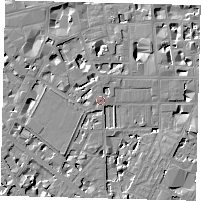 Shaded relief map of the ground around SW1P4BZ, computed from Environment Agency LiDAR. The ground here sits at about 5 m above sea level and falls 8 m across the surrounding 800 m. Surface water reaching this point runs off ground lying to the west, 1.1 m higher.