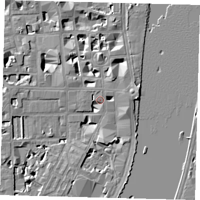 Shaded relief map of the ground around SW1P4DA, computed from Environment Agency LiDAR. The ground here sits at about 4 m above sea level and falls 9 m across the surrounding 800 m. Surface water reaching this point runs off ground lying to the north, 5.9 m higher.
