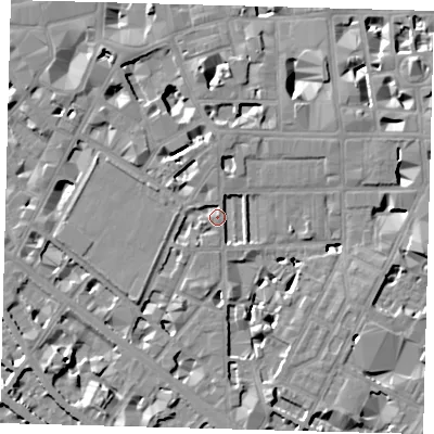 Shaded relief map of the ground around SW1P4DB, computed from Environment Agency LiDAR. The ground here sits at about 4 m above sea level and falls 8 m across the surrounding 800 m. Surface water reaching this point runs off ground lying to the north-north-east, 1.9 m higher.