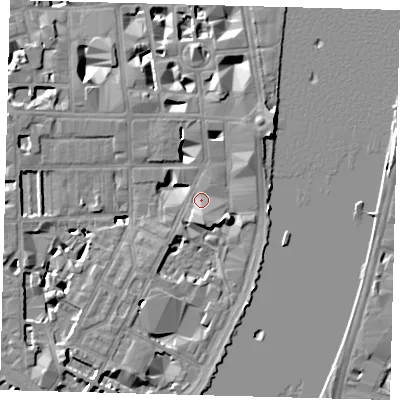 Shaded relief map of the ground around SW1P4DD, computed from Environment Agency LiDAR. The ground here sits at about 4 m above sea level and falls 9 m across the surrounding 800 m. Surface water reaching this point runs off ground lying to the east-south-east, 5.8 m higher.