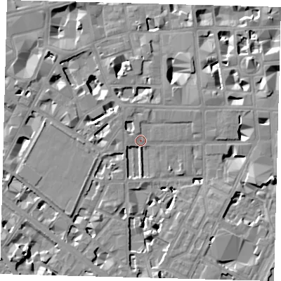 Shaded relief map of the ground around SW1P4DE, computed from Environment Agency LiDAR. The ground here sits at about 4 m above sea level and falls 8 m across the surrounding 800 m. Surface water reaching this point runs off ground lying to the west, 2.1 m higher.