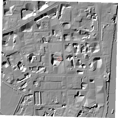 Shaded relief map of the ground around SW1P4DF, computed from Environment Agency LiDAR. The ground here sits at about 4 m above sea level and falls 9 m across the surrounding 800 m. Surface water reaching this point runs off ground lying to the east-south-east, 6.5 m higher.