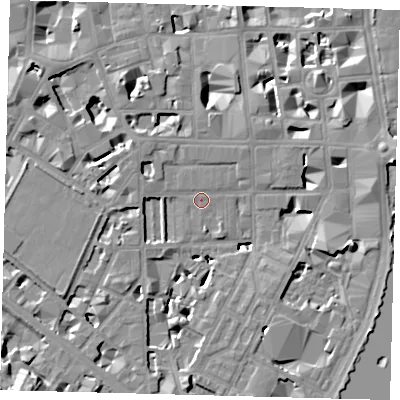 Shaded relief map of the ground around SW1P4DQ, computed from Environment Agency LiDAR. The ground here sits at about 3 m above sea level and falls 9 m across the surrounding 800 m. Surface water reaching this point runs off ground lying to the north-west, 2.5 m higher.