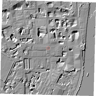 Shaded relief map of the ground around SW1P4DR, computed from Environment Agency LiDAR. The ground here sits at about 4 m above sea level and falls 9 m across the surrounding 800 m. Surface water reaching this point runs off ground lying to the north, 0.6 m higher.