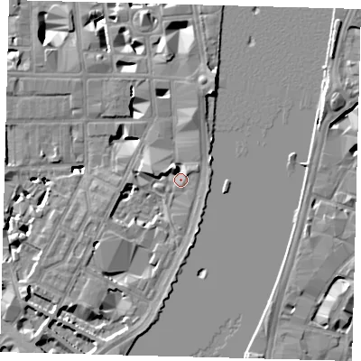 Shaded relief map of the ground around SW1P4DU, computed from Environment Agency LiDAR. The ground here sits at about 4 m above sea level and falls 9 m across the surrounding 800 m. Surface water reaching this point runs off ground lying to the north-north-west, 5.6 m higher.