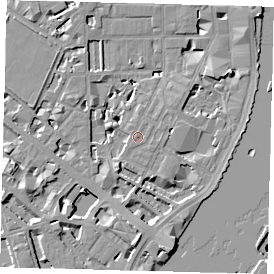 Shaded relief map of the ground around SW1P4DY, computed from Environment Agency LiDAR. The ground here sits at about 5 m above sea level and falls 22 m across the surrounding 800 m. Surface water reaching this point runs off ground lying to the south-south-east, 9.6 m higher.