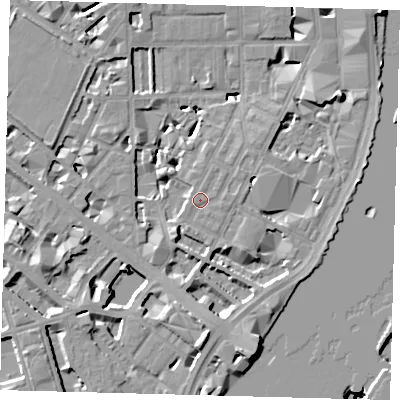 Shaded relief map of the ground around SW1P4DZ, computed from Environment Agency LiDAR. The ground here sits at about 5 m above sea level and falls 14 m across the surrounding 800 m. Surface water reaching this point runs off ground lying to the east-south-east, 0.6 m higher.