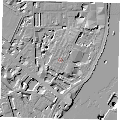 Shaded relief map of the ground around SW1P4EA, computed from Environment Agency LiDAR. The ground here sits at about 5 m above sea level and falls 50 m across the surrounding 800 m. Surface water reaching this point runs off ground lying to the east-south-east, 0.6 m higher.
