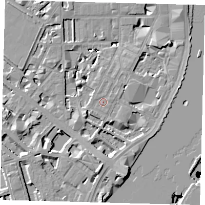 Shaded relief map of the ground around SW1P4EB, computed from Environment Agency LiDAR. The ground here sits at about 5 m above sea level and falls 50 m across the surrounding 800 m. Surface water reaching this point runs off ground lying to the east-north-east, 0.6 m higher.