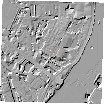 Shaded relief map of the ground around SW1P4ED, computed from Environment Agency LiDAR. The ground here sits at about 5 m above sea level and falls 50 m across the surrounding 800 m. Surface water reaching this point runs off ground lying to the south-south-east, 1.2 m higher.