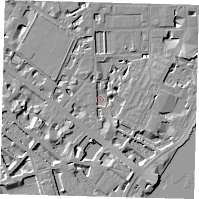 Shaded relief map of the ground around SW1P4EF, computed from Environment Agency LiDAR. The ground here sits at about 2 m above sea level and falls 10 m across the surrounding 800 m. Surface water reaching this point runs off ground lying to the south-south-east, 7.2 m higher.