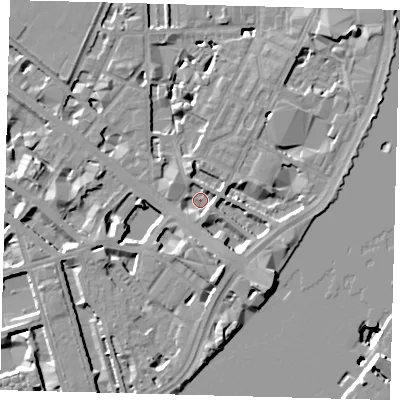 Shaded relief map of the ground around SW1P4EG, computed from Environment Agency LiDAR. The ground here sits at about 3 m above sea level and falls 14 m across the surrounding 800 m. Surface water reaching this point runs off ground lying to the east-north-east, 3.0 m higher.