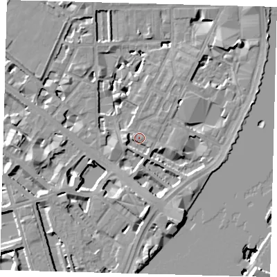 Shaded relief map of the ground around SW1P4EH, computed from Environment Agency LiDAR. The ground here sits at about 4 m above sea level and falls 14 m across the surrounding 800 m. Surface water reaching this point runs off ground lying to the east-south-east, 1.2 m higher.
