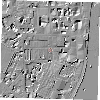 Shaded relief map of the ground around SW1P4EJ, computed from Environment Agency LiDAR. The ground here sits at about 3 m above sea level and falls 9 m across the surrounding 800 m. Surface water reaching this point runs off ground lying to the south-west, 2.1 m higher.