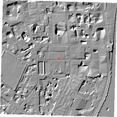 Shaded relief map of the ground around SW1P4EN, computed from Environment Agency LiDAR. The ground here sits at about 3 m above sea level and falls 9 m across the surrounding 800 m. Surface water reaching this point runs off ground lying to the west-north-west, 2.5 m higher.