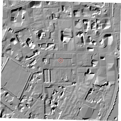 Shaded relief map of the ground around SW1P4ER, computed from Environment Agency LiDAR. The ground here sits at about 4 m above sea level and falls 9 m across the surrounding 800 m. Surface water reaching this point runs off ground lying to the west-north-west, 3.4 m higher.