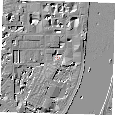 Shaded relief map of the ground around SW1P4FE, computed from Environment Agency LiDAR. The ground here sits at about 2 m above sea level and falls 9 m across the surrounding 800 m. Surface water reaching this point runs off ground lying to the east-south-east, 6.1 m higher.
