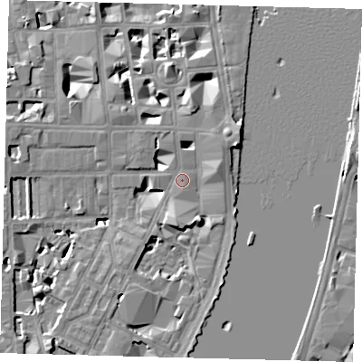 Shaded relief map of the ground around SW1P4FF, computed from Environment Agency LiDAR. The ground here sits at about 4 m above sea level and falls 9 m across the surrounding 800 m. Surface water reaching this point runs off ground lying to the south-south-east, 5.8 m higher.
