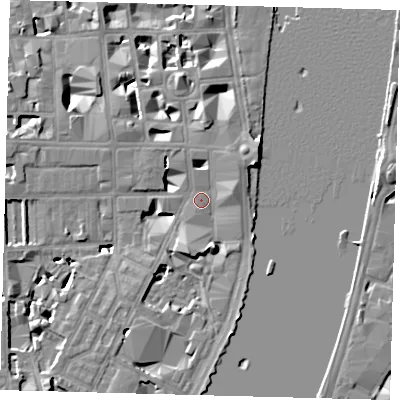 Shaded relief map of the ground around SW1P4FG, computed from Environment Agency LiDAR. The ground here sits at about 4 m above sea level and falls 9 m across the surrounding 800 m. Surface water reaching this point runs off ground lying to the north-east, 3.3 m higher.