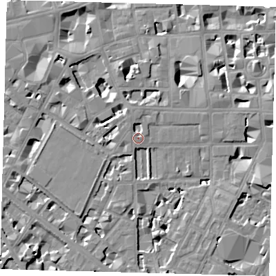 Shaded relief map of the ground around SW1P4FH, computed from Environment Agency LiDAR. The ground here sits at about 4 m above sea level and falls 8 m across the surrounding 800 m. Surface water reaching this point runs off ground lying to the north-west, 2.3 m higher.