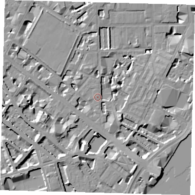 Shaded relief map of the ground around SW1P4GH, computed from Environment Agency LiDAR. The ground here sits at about 4 m above sea level and falls 10 m across the surrounding 800 m. Surface water reaching this point runs off ground lying to the south-south-east, 8.7 m higher.