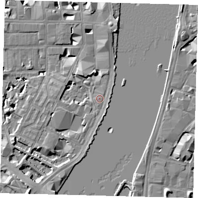 Shaded relief map of the ground around SW1P4GT, computed from Environment Agency LiDAR. The ground here sits at about 4 m above sea level and falls 10 m across the surrounding 800 m. Surface water reaching this point runs off ground lying to the north, 2.8 m higher.