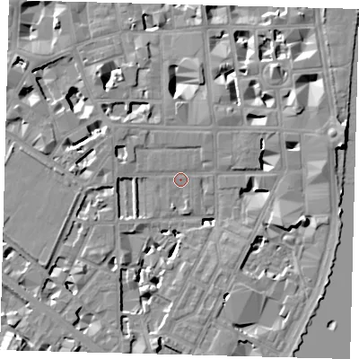 Shaded relief map of the ground around SW1P4HA, computed from Environment Agency LiDAR. The ground here sits at about 3 m above sea level and falls 9 m across the surrounding 800 m. Surface water reaching this point runs off ground lying to the west-north-west, 2.5 m higher.