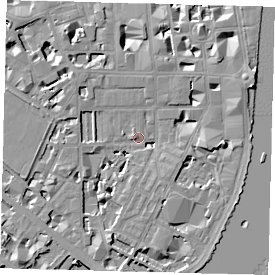 Shaded relief map of the ground around SW1P4HB, computed from Environment Agency LiDAR. The ground here sits at about 3 m above sea level and falls 9 m across the surrounding 800 m. Surface water reaching this point runs off ground lying to the south-west, 6.0 m higher.