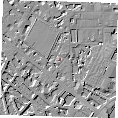 Shaded relief map of the ground around SW1P4HD, computed from Environment Agency LiDAR. The ground here sits at about 5 m above sea level and falls 10 m across the surrounding 800 m. Surface water reaching this point runs off ground lying to the south-south-west, 6.5 m higher.