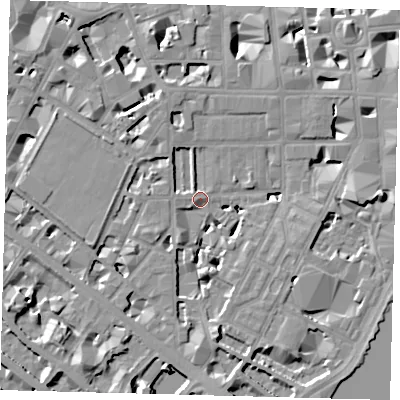 Shaded relief map of the ground around SW1P4HH, computed from Environment Agency LiDAR. The ground here sits at about 4 m above sea level and falls 9 m across the surrounding 800 m. Surface water reaching this point runs off ground lying to the south-south-west, 6.0 m higher.
