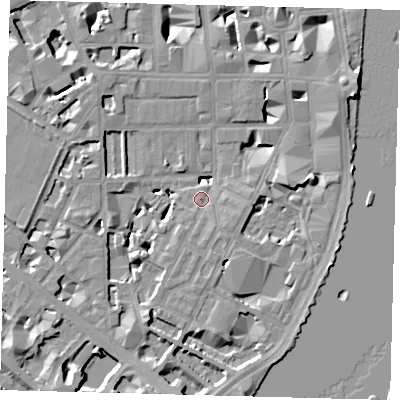 Shaded relief map of the ground around SW1P4HP, computed from Environment Agency LiDAR. The ground here sits at about 4 m above sea level and falls 9 m across the surrounding 800 m. Surface water reaching this point runs off ground lying to the east, 7.4 m higher.