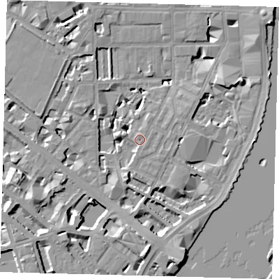 Shaded relief map of the ground around SW1P4HR, computed from Environment Agency LiDAR. The ground here sits at about 4 m above sea level and falls 10 m across the surrounding 800 m. Surface water reaching this point runs off ground lying to the south-south-east, 9.6 m higher.