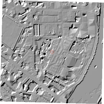 Shaded relief map of the ground around SW1P4HS, computed from Environment Agency LiDAR. The ground here sits at about 4 m above sea level and falls 10 m across the surrounding 800 m. Surface water reaching this point runs off ground lying to the east, 0.6 m higher.