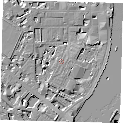 Shaded relief map of the ground around SW1P4HT, computed from Environment Agency LiDAR. The ground here sits at about 4 m above sea level and falls 50 m across the surrounding 800 m. Surface water reaching this point runs off ground lying to the east, 0.8 m higher.