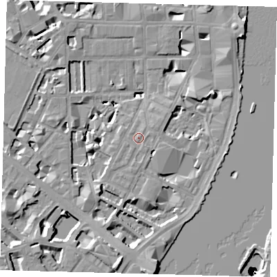 Shaded relief map of the ground around SW1P4HU, computed from Environment Agency LiDAR. The ground here sits at about 5 m above sea level and falls 50 m across the surrounding 800 m. Surface water reaching this point runs off ground lying to the east-north-east, 0.6 m higher.