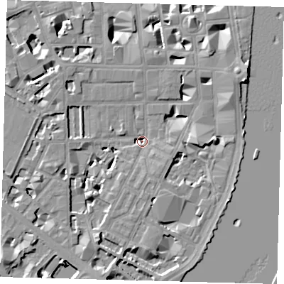 Shaded relief map of the ground around SW1P4HW, computed from Environment Agency LiDAR. The ground here sits at about -0 m above sea level and falls 9 m across the surrounding 800 m. Surface water reaching this point runs off ground lying to the east, 7.4 m higher.