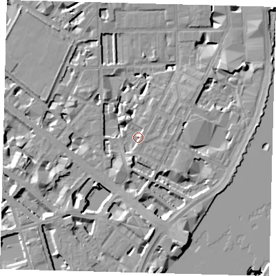 Shaded relief map of the ground around SW1P4HX, computed from Environment Agency LiDAR. The ground here sits at about 4 m above sea level and falls 14 m across the surrounding 800 m. Surface water reaching this point runs off ground lying to the south-south-west, 4.0 m higher.