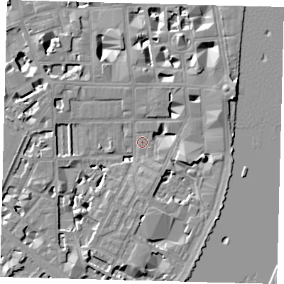 Shaded relief map of the ground around SW1P4JA, computed from Environment Agency LiDAR. The ground here sits at about 3 m above sea level and falls 9 m across the surrounding 800 m. Surface water reaching this point runs off ground lying to the east-south-east, 7.4 m higher.