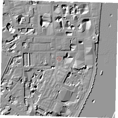 Shaded relief map of the ground around SW1P4JF, computed from Environment Agency LiDAR. The ground here sits at about 3 m above sea level and falls 9 m across the surrounding 800 m. Surface water reaching this point runs off ground lying to the east-south-east, 7.4 m higher.