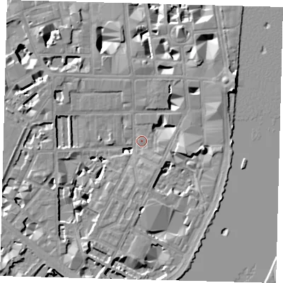 Shaded relief map of the ground around SW1P4JG, computed from Environment Agency LiDAR. The ground here sits at about 3 m above sea level and falls 9 m across the surrounding 800 m. Surface water reaching this point runs off ground lying to the east, 7.4 m higher.