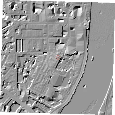 Shaded relief map of the ground around SW1P4JH, computed from Environment Agency LiDAR. The ground here sits at about 4 m above sea level and falls 9 m across the surrounding 800 m. Surface water reaching this point runs off ground lying to the north-east, 5.5 m higher.