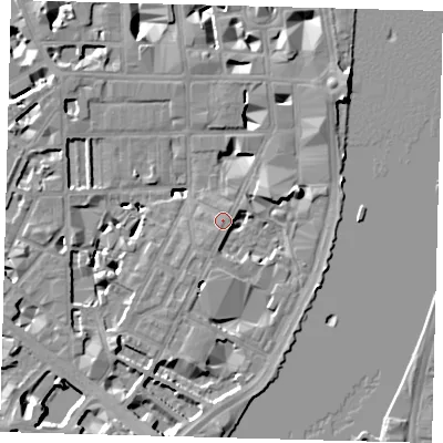 Shaded relief map of the ground around SW1P4JJ, computed from Environment Agency LiDAR. The ground here sits at about 4 m above sea level and falls 9 m across the surrounding 800 m. Surface water reaching this point runs off ground lying to the north-east, 5.5 m higher.