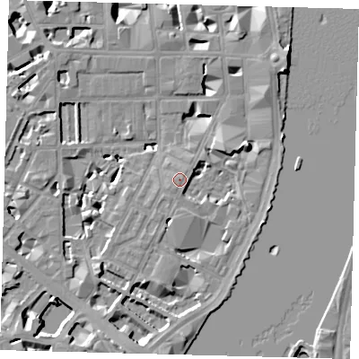 Shaded relief map of the ground around SW1P4JL, computed from Environment Agency LiDAR. The ground here sits at about 5 m above sea level and falls 9 m across the surrounding 800 m. Surface water reaching this point runs off ground lying to the south, 5.8 m higher.