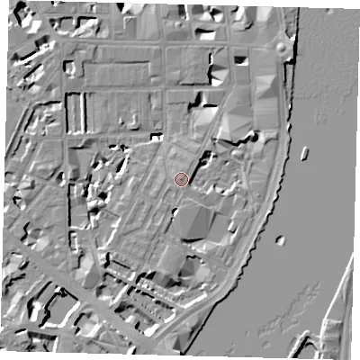 Shaded relief map of the ground around SW1P4JN, computed from Environment Agency LiDAR. The ground here sits at about 5 m above sea level and falls 10 m across the surrounding 800 m. Surface water reaching this point runs off ground lying to the south, 7.1 m higher.