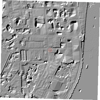 Shaded relief map of the ground around SW1P4JT, computed from Environment Agency LiDAR. The ground here sits at about 3 m above sea level and falls 9 m across the surrounding 800 m. Surface water reaching this point runs off ground lying to the west-north-west, 3.4 m higher.