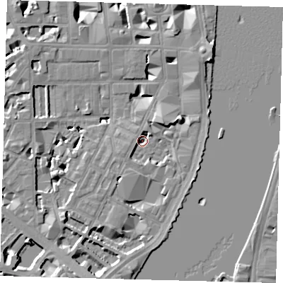 Shaded relief map of the ground around SW1P4JU, computed from Environment Agency LiDAR. The ground here sits at about 2 m above sea level and falls 9 m across the surrounding 800 m. Surface water reaching this point runs off ground lying to the north-east, 5.5 m higher.
