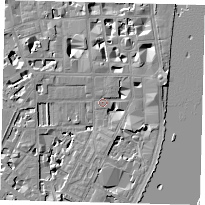 Shaded relief map of the ground around SW1P4JX, computed from Environment Agency LiDAR. The ground here sits at about 3 m above sea level and falls 9 m across the surrounding 800 m. Surface water reaching this point runs off ground lying to the east-south-east, 7.8 m higher.