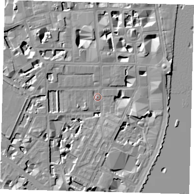 Shaded relief map of the ground around SW1P4LA, computed from Environment Agency LiDAR. The ground here sits at about 3 m above sea level and falls 9 m across the surrounding 800 m. Surface water reaching this point runs off ground lying to the south-west, 6.0 m higher.